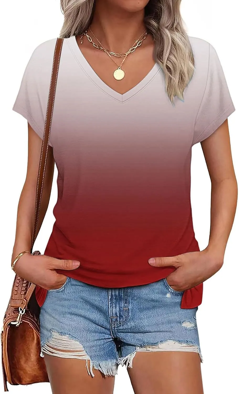 Gradient Shirts Oversized Tshirts for Women V Neck Short Sleeve Summer Tops 2025 Casual Loose Fit Cute Tees Clothes
