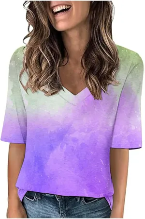 Half Length Sleeve Womens T Shirts Tie Dye Shirt V-Neck Casual Pullover Tops Cute Tees 2025 Spring Summe Soft Clothes