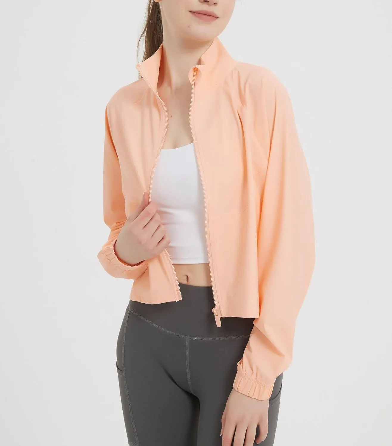 happlan Women's UPF 50  Sun Protection Athletic Running Gym Yoga Long Sleeve Cropped Zip Up Workout Shirt Track Jacket
