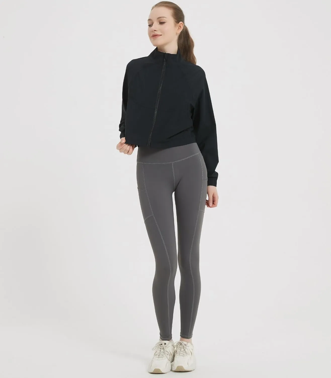 happlan Women's UPF 50  Sun Protection Athletic Running Gym Yoga Long Sleeve Cropped Zip Up Workout Shirt Track Jacket