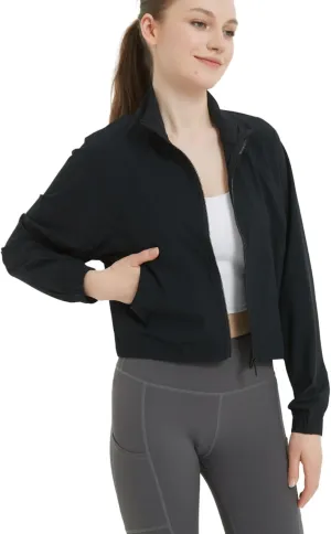 happlan Women's UPF 50  Sun Protection Athletic Running Gym Yoga Long Sleeve Cropped Zip Up Workout Shirt Track Jacket
