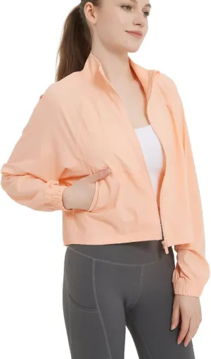 happlan Women's UPF 50  Sun Protection Athletic Running Gym Yoga Long Sleeve Cropped Zip Up Workout Shirt Track Jacket
