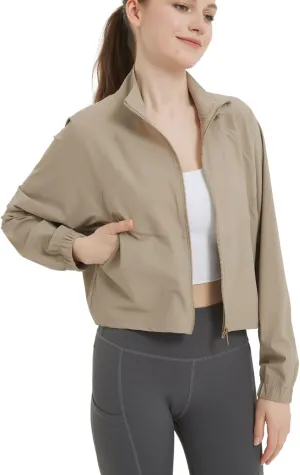 happlan Women's UPF 50  Sun Protection Athletic Running Gym Yoga Long Sleeve Cropped Zip Up Workout Shirt Track Jacket