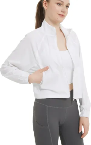 happlan Women's UPF 50  Sun Protection Athletic Running Gym Yoga Long Sleeve Cropped Zip Up Workout Shirt Track Jacket
