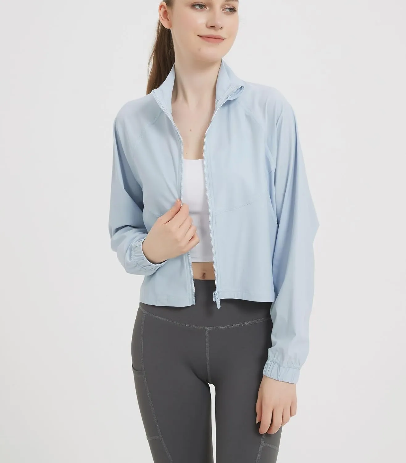 happlan Women's UPF 50  Sun Protection Athletic Running Gym Yoga Long Sleeve Cropped Zip Up Workout Shirt Track Jacket