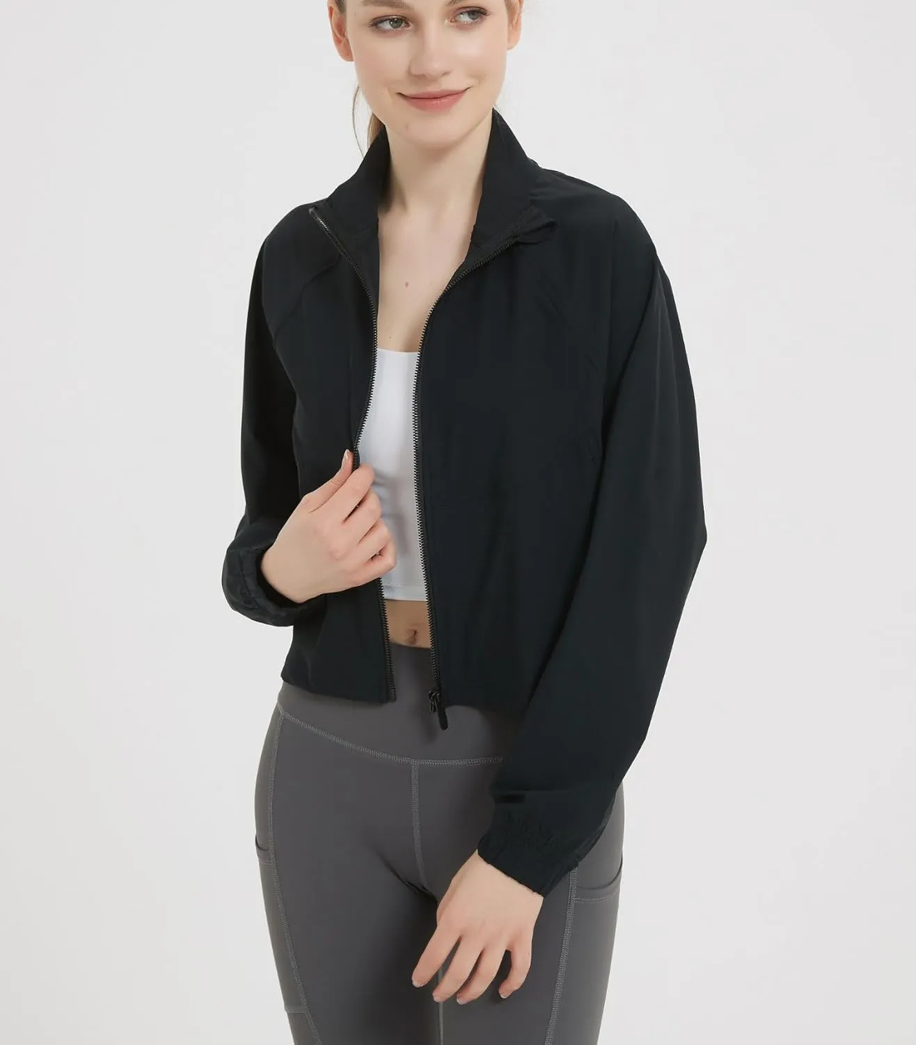 happlan Women's UPF 50  Sun Protection Athletic Running Gym Yoga Long Sleeve Cropped Zip Up Workout Shirt Track Jacket