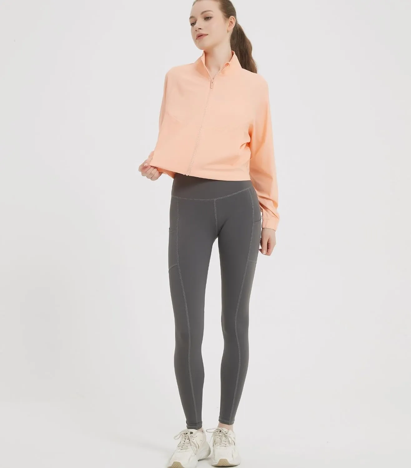 happlan Women's UPF 50  Sun Protection Athletic Running Gym Yoga Long Sleeve Cropped Zip Up Workout Shirt Track Jacket