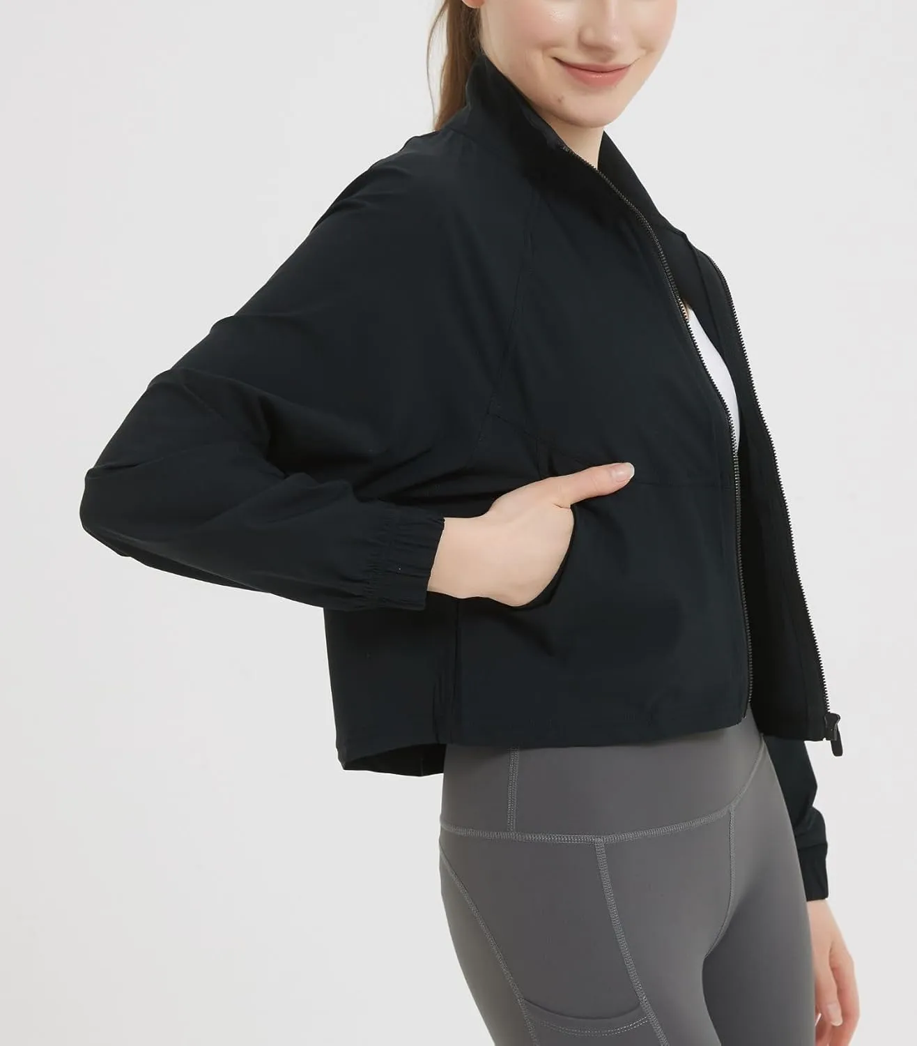 happlan Women's UPF 50  Sun Protection Athletic Running Gym Yoga Long Sleeve Cropped Zip Up Workout Shirt Track Jacket