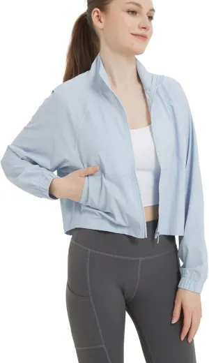 happlan Women's UPF 50  Sun Protection Athletic Running Gym Yoga Long Sleeve Cropped Zip Up Workout Shirt Track Jacket