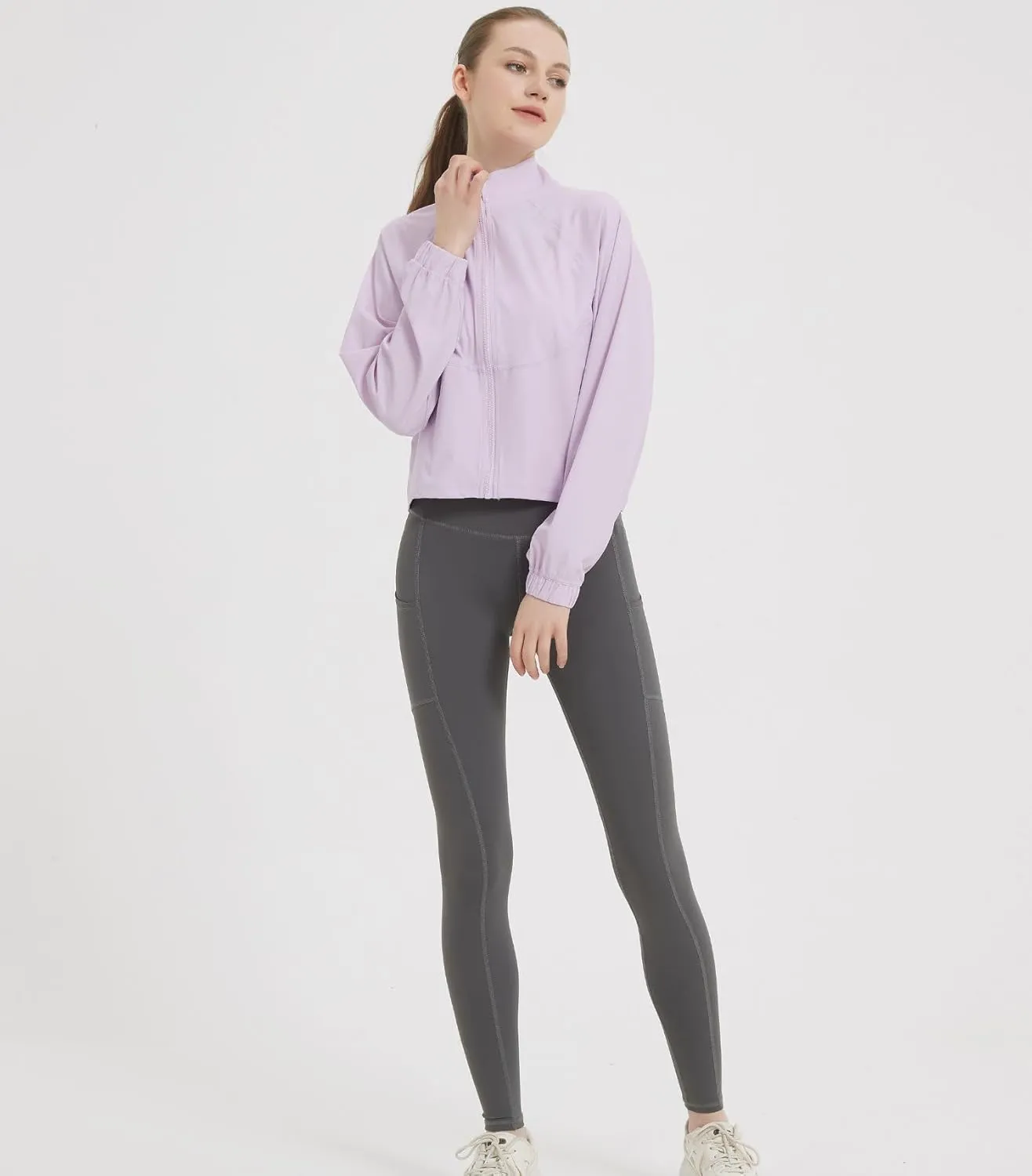 happlan Women's UPF 50  Sun Protection Athletic Running Gym Yoga Long Sleeve Cropped Zip Up Workout Shirt Track Jacket