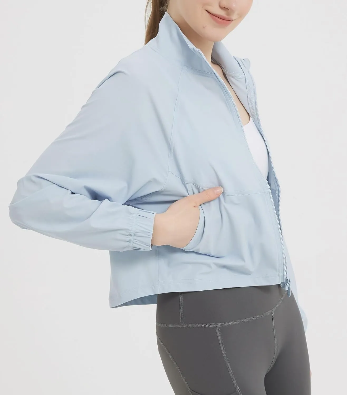 happlan Women's UPF 50  Sun Protection Athletic Running Gym Yoga Long Sleeve Cropped Zip Up Workout Shirt Track Jacket