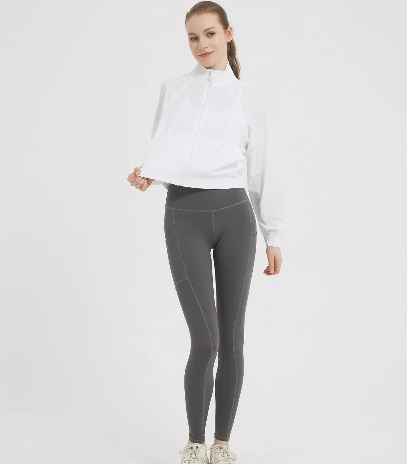 happlan Women's UPF 50  Sun Protection Athletic Running Gym Yoga Long Sleeve Cropped Zip Up Workout Shirt Track Jacket
