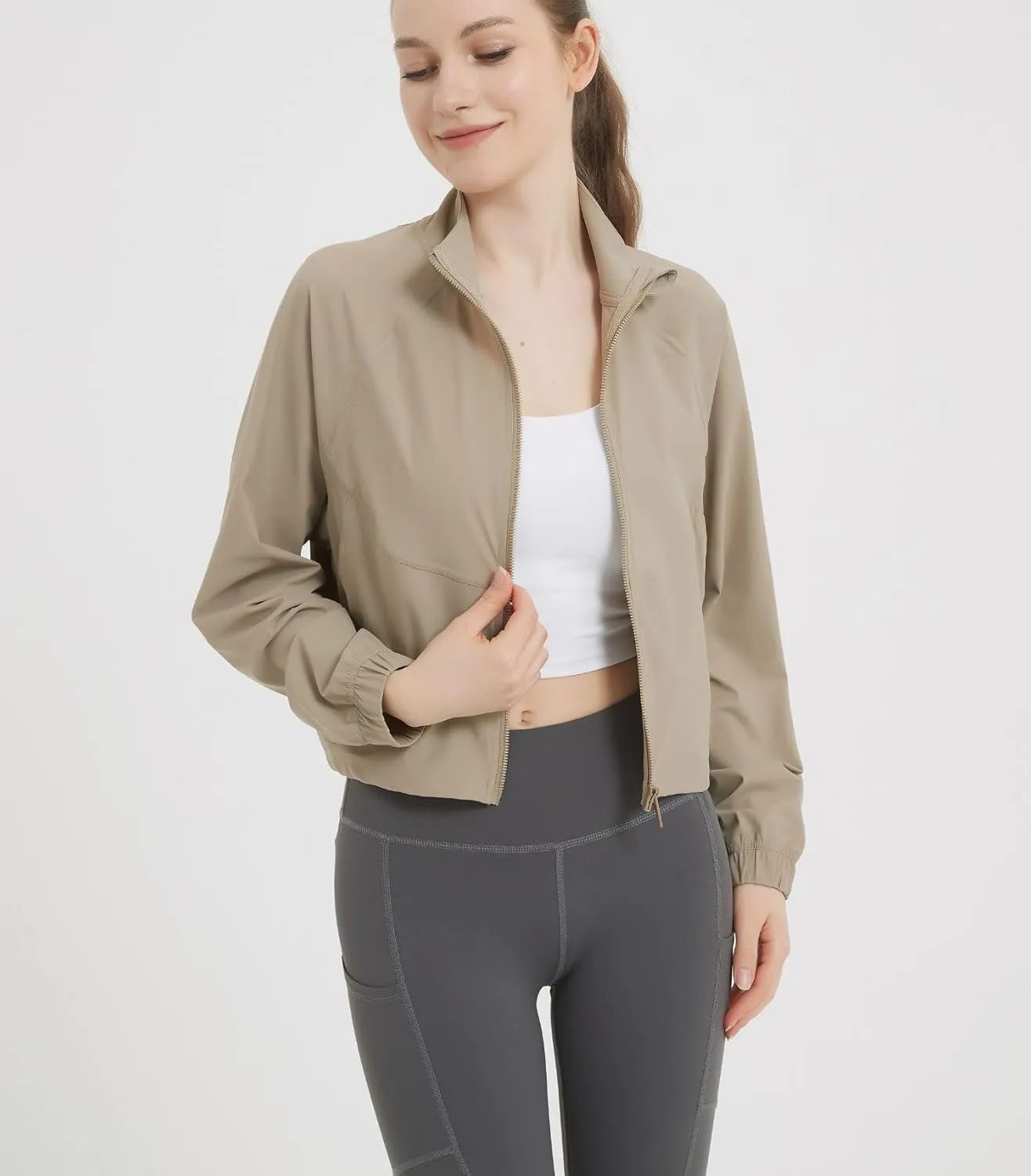 happlan Women's UPF 50  Sun Protection Athletic Running Gym Yoga Long Sleeve Cropped Zip Up Workout Shirt Track Jacket