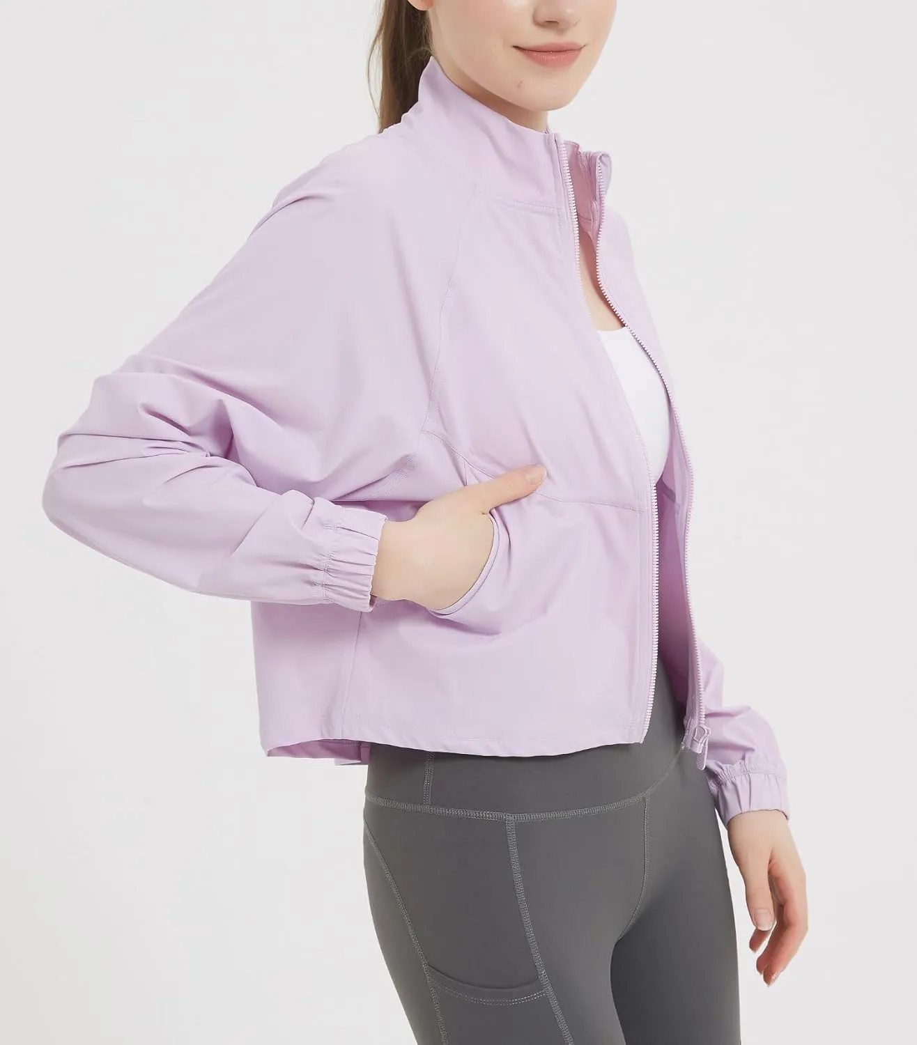 happlan Women's UPF 50  Sun Protection Athletic Running Gym Yoga Long Sleeve Cropped Zip Up Workout Shirt Track Jacket