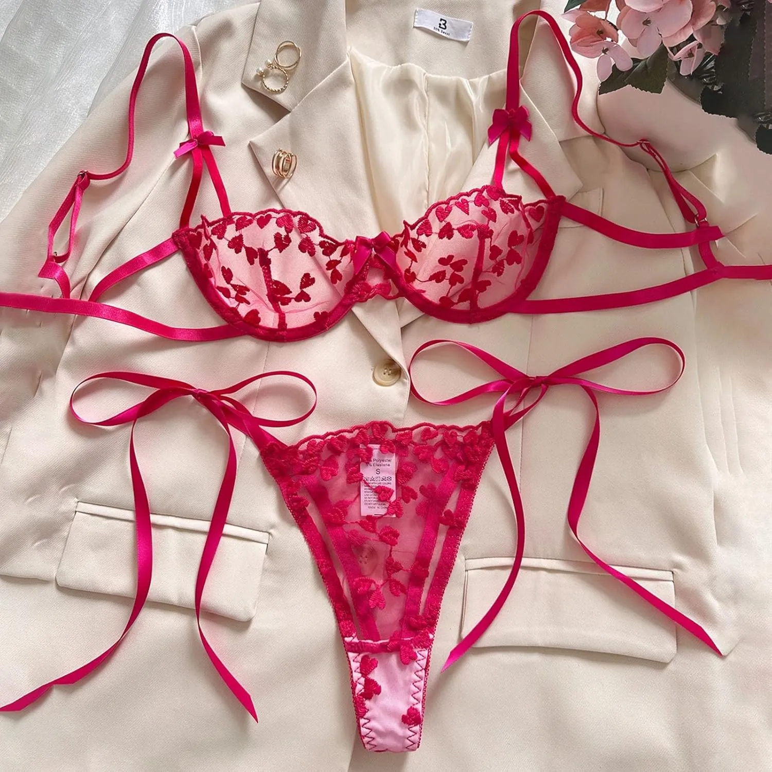 Heart Embroidery Lingerie Set Mesh Unlined Bra Strappy Thong Women Sexy Underwear Lace Bralette Garter