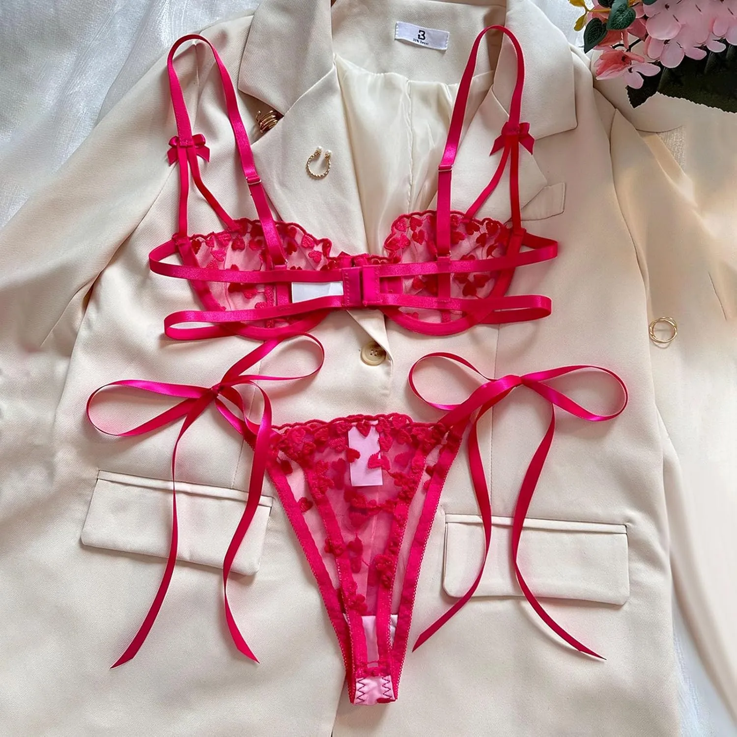 Heart Embroidery Lingerie Set Mesh Unlined Bra Strappy Thong Women Sexy Underwear Lace Bralette Garter