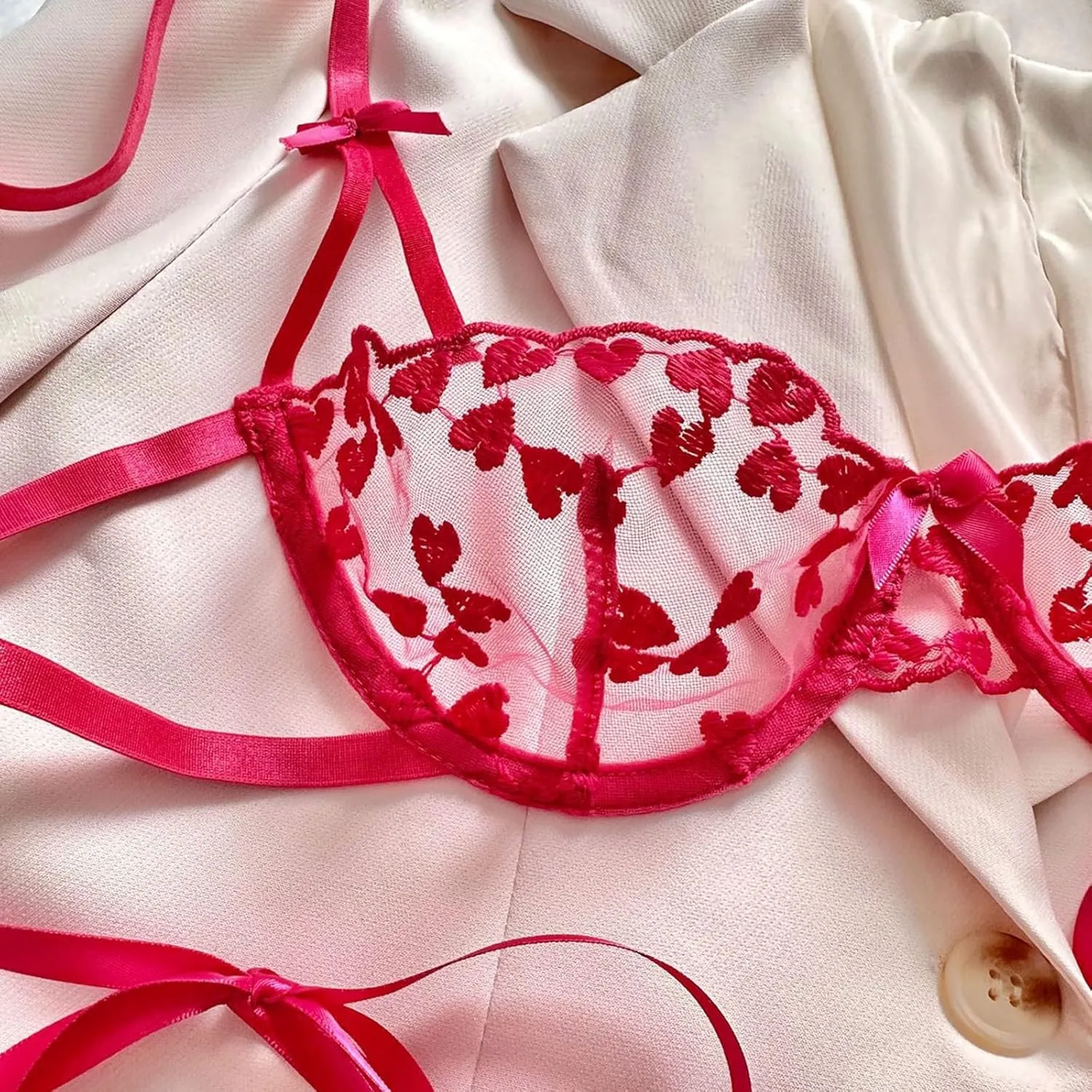 Heart Embroidery Lingerie Set Mesh Unlined Bra Strappy Thong Women Sexy Underwear Lace Bralette Garter