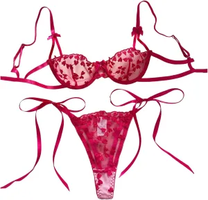 Heart Embroidery Lingerie Set Mesh Unlined Bra Strappy Thong Women Sexy Underwear Lace Bralette Garter