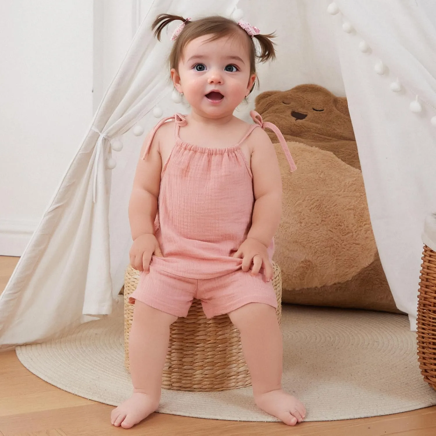 Hoanselay Toddler Baby Girl Summer 2Pcs Outfit Sleeveless Crop Top and Cotton Linen Pants Shorts Set Solid Color Clothes