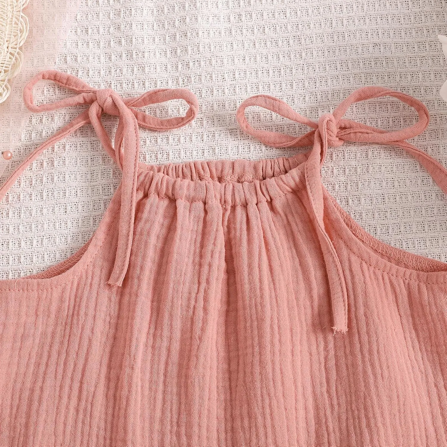 Hoanselay Toddler Baby Girl Summer 2Pcs Outfit Sleeveless Crop Top and Cotton Linen Pants Shorts Set Solid Color Clothes