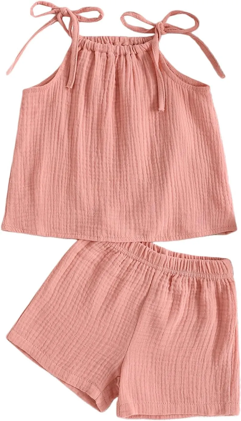 Hoanselay Toddler Baby Girl Summer 2Pcs Outfit Sleeveless Crop Top and Cotton Linen Pants Shorts Set Solid Color Clothes