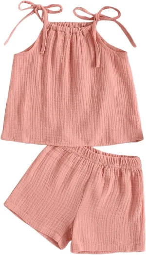 Hoanselay Toddler Baby Girl Summer 2Pcs Outfit Sleeveless Crop Top and Cotton Linen Pants Shorts Set Solid Color Clothes