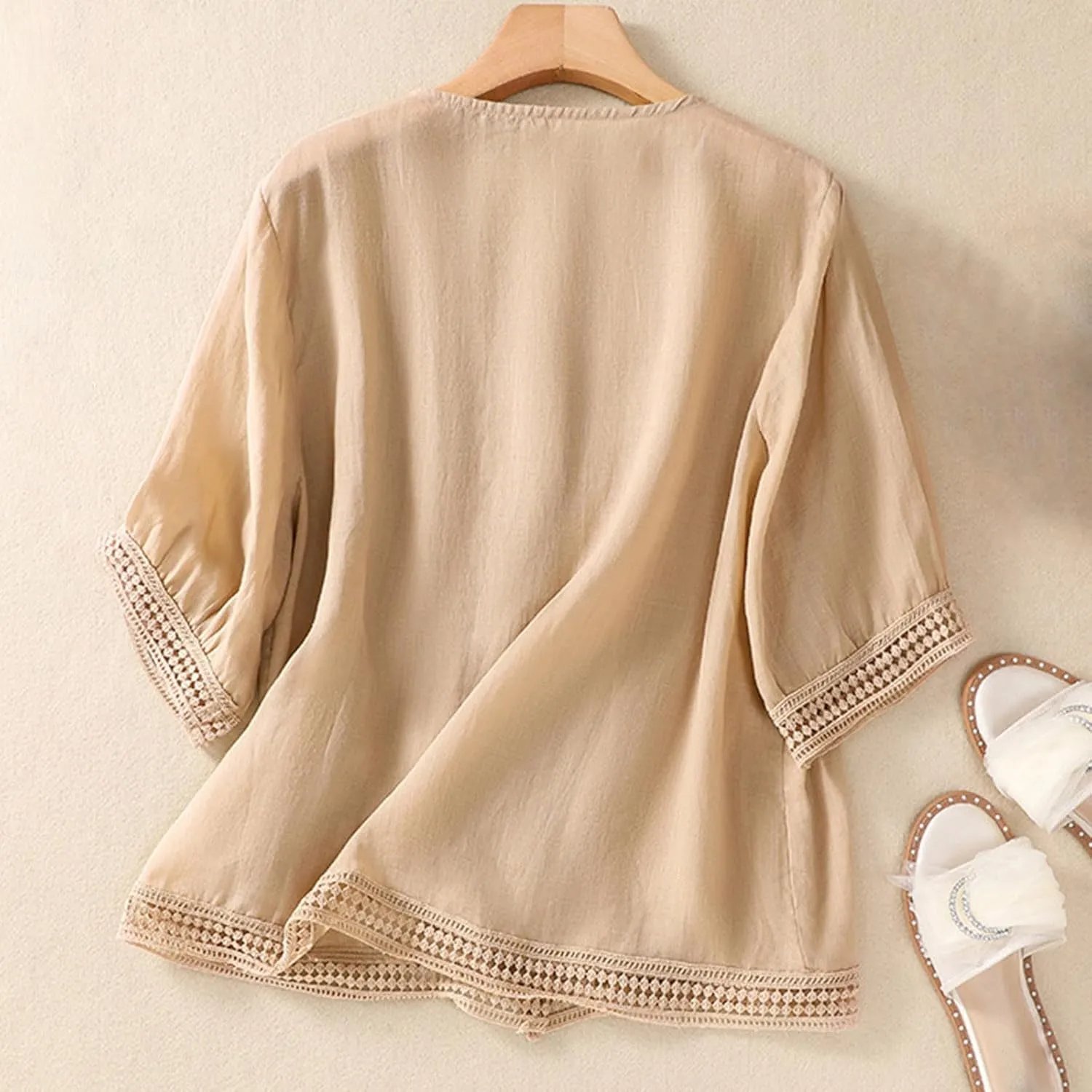 Hollow Out Cotton Linen Button Down Shirts for Women V-Neck Short Sleeve Tees Solid Color Trendy Blouses Summer Tees
