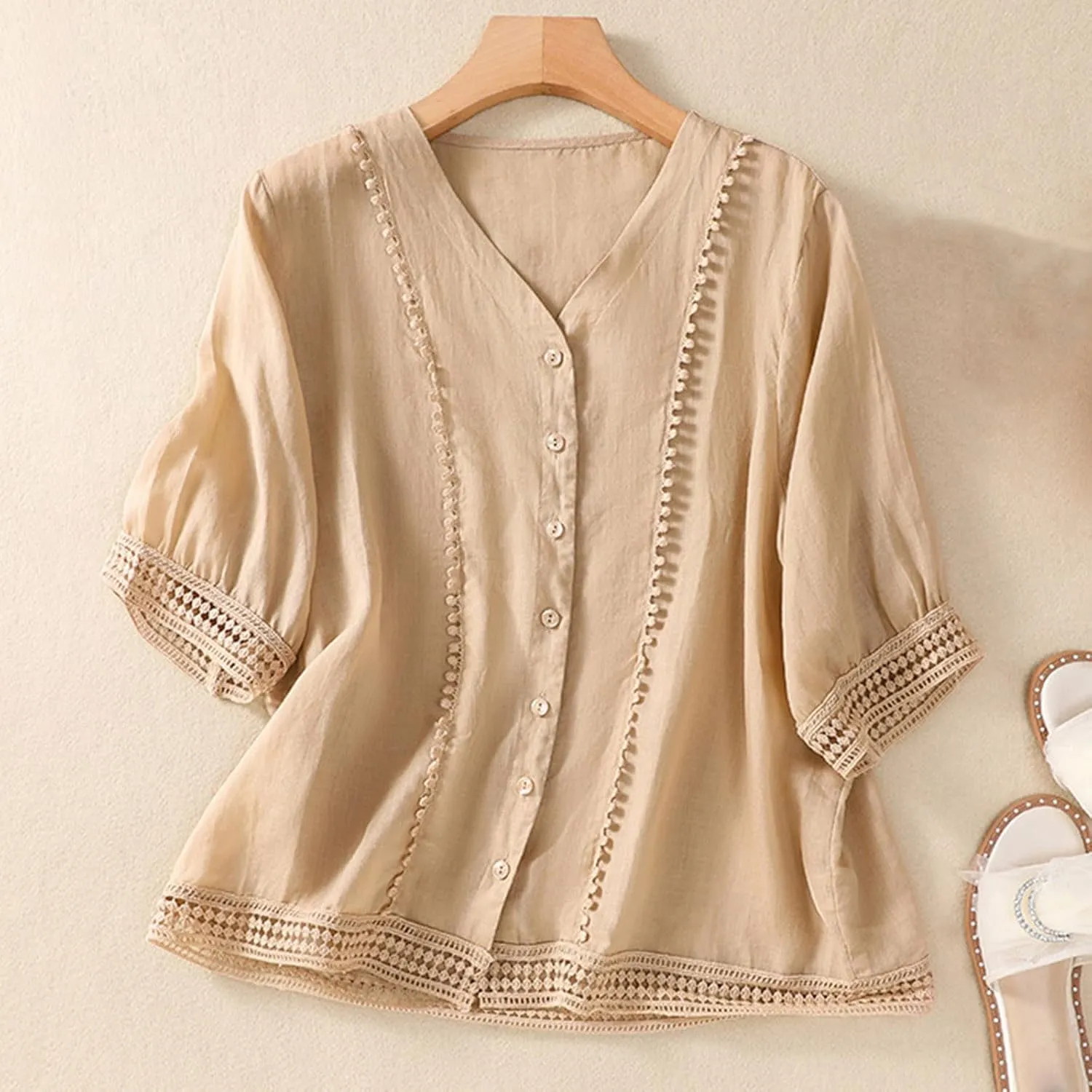 Hollow Out Cotton Linen Button Down Shirts for Women V-Neck Short Sleeve Tees Solid Color Trendy Blouses Summer Tees