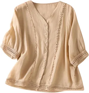 Hollow Out Cotton Linen Button Down Shirts for Women V-Neck Short Sleeve Tees Solid Color Trendy Blouses Summer Tees