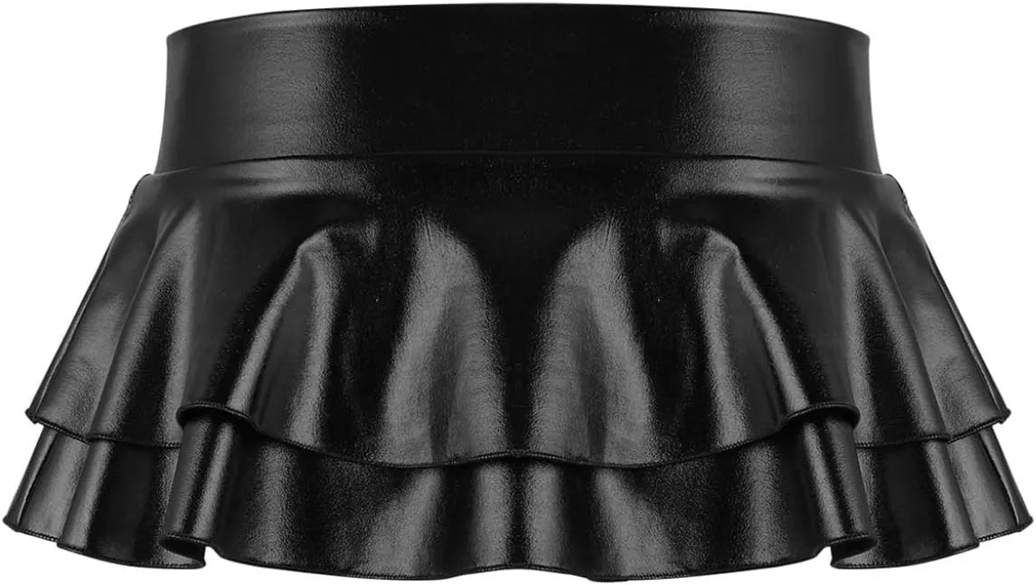 Hularka Women's Shiny Metallic Skirt High Waist Layered Pleated Ruffled Mini Skirt Rave Party Clubwear