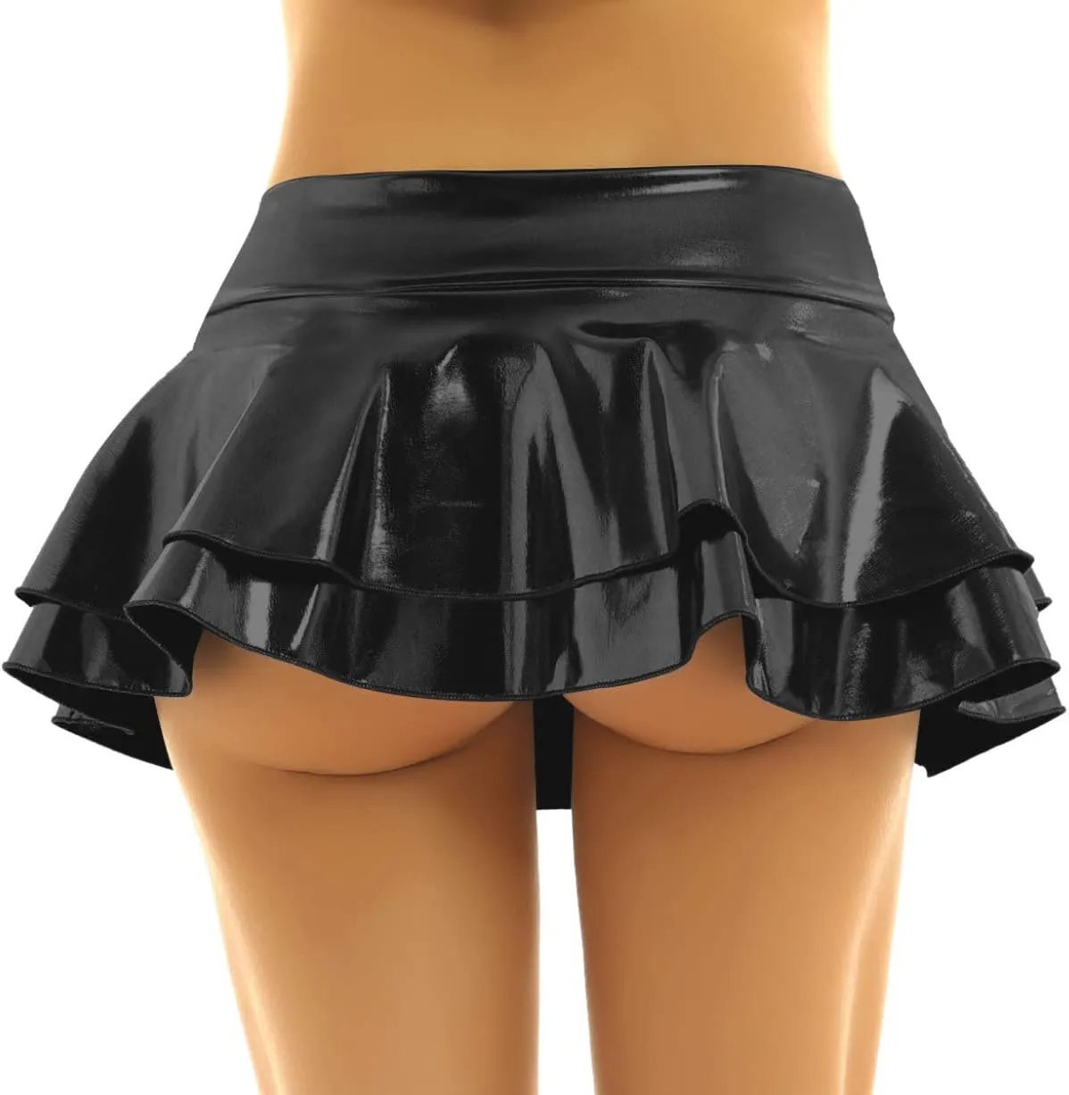 Hularka Women's Shiny Metallic Skirt High Waist Layered Pleated Ruffled Mini Skirt Rave Party Clubwear