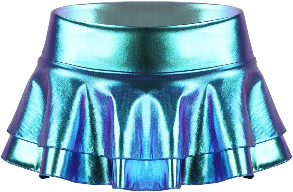 Hularka Women's Shiny Metallic Skirt High Waist Layered Pleated Ruffled Mini Skirt Rave Party Clubwear