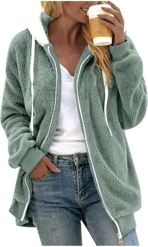 HXHYQKP Womens Fleece Zip Up Jacket Winter Coats Plus Size Jacket Hoodies Plush Warm Fuzzy Coat with Pockets