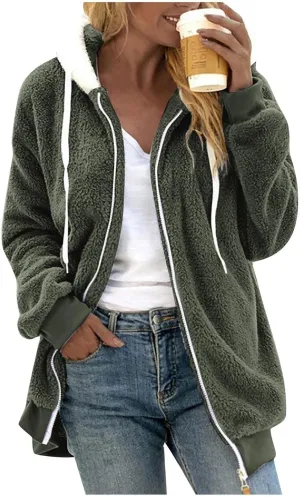 HXHYQKP Womens Fleece Zip Up Jacket Winter Coats Plus Size Jacket Hoodies Plush Warm Fuzzy Coat with Pockets
