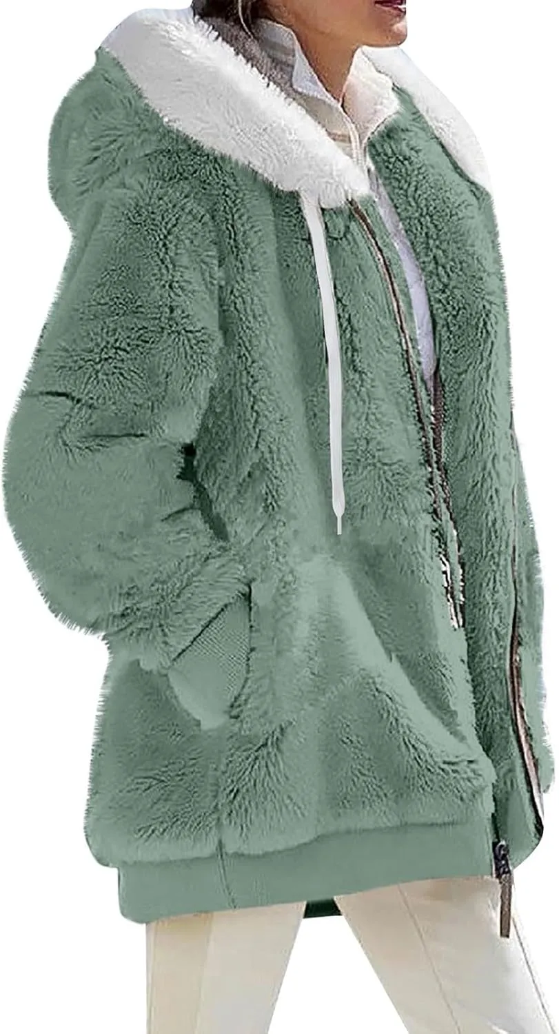 HXHYQKP Womens Fleece Zip Up Jacket Winter Coats Plus Size Jacket Hoodies Plush Warm Fuzzy Coat with Pockets