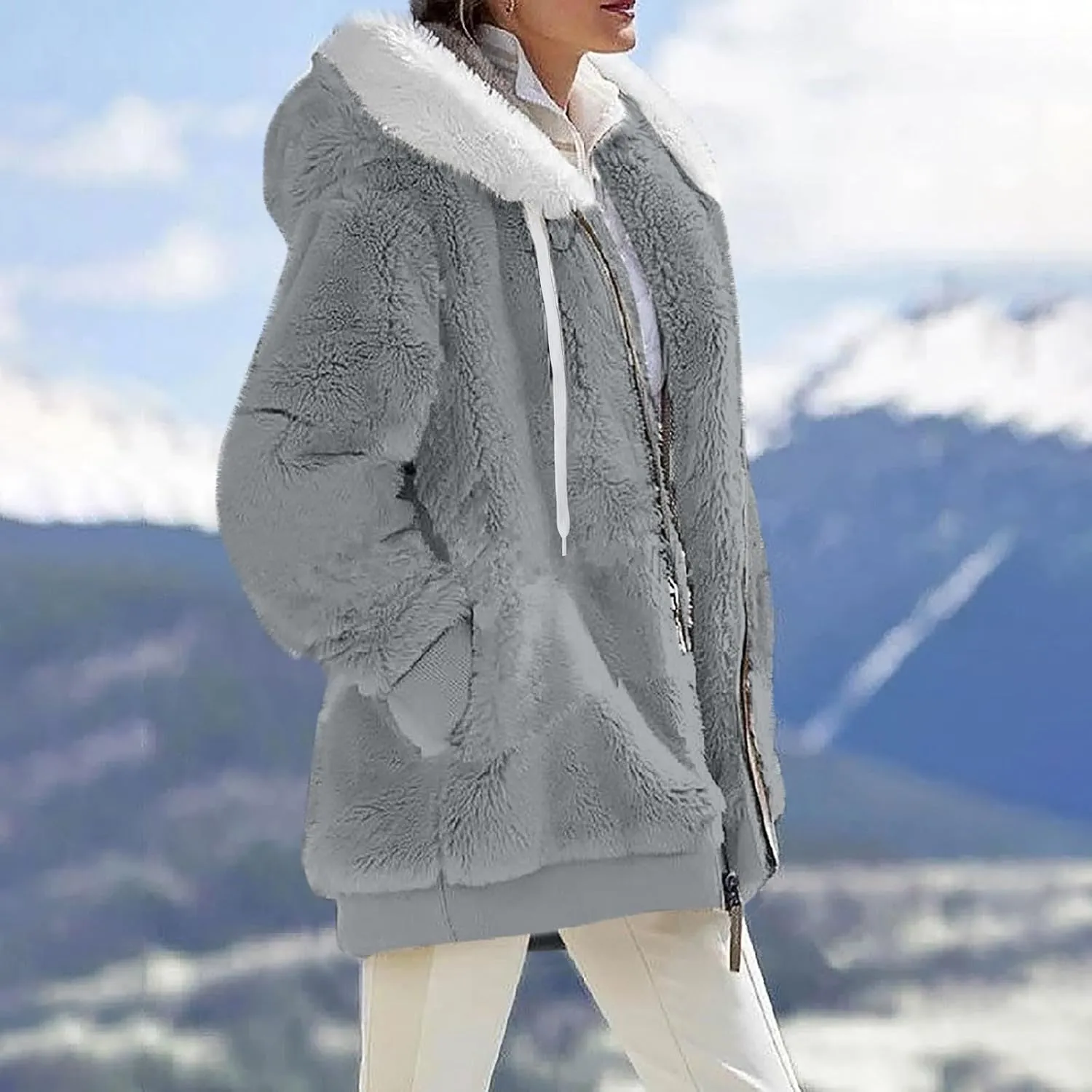 HXHYQKP Womens Fleece Zip Up Jacket Winter Coats Plus Size Jacket Hoodies Plush Warm Fuzzy Coat with Pockets