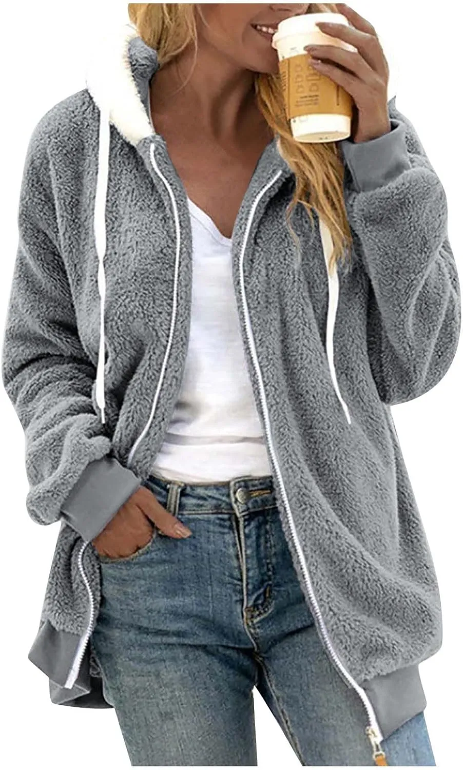 HXHYQKP Womens Fleece Zip Up Jacket Winter Coats Plus Size Jacket Hoodies Plush Warm Fuzzy Coat with Pockets