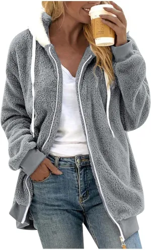 HXHYQKP Womens Fleece Zip Up Jacket Winter Coats Plus Size Jacket Hoodies Plush Warm Fuzzy Coat with Pockets