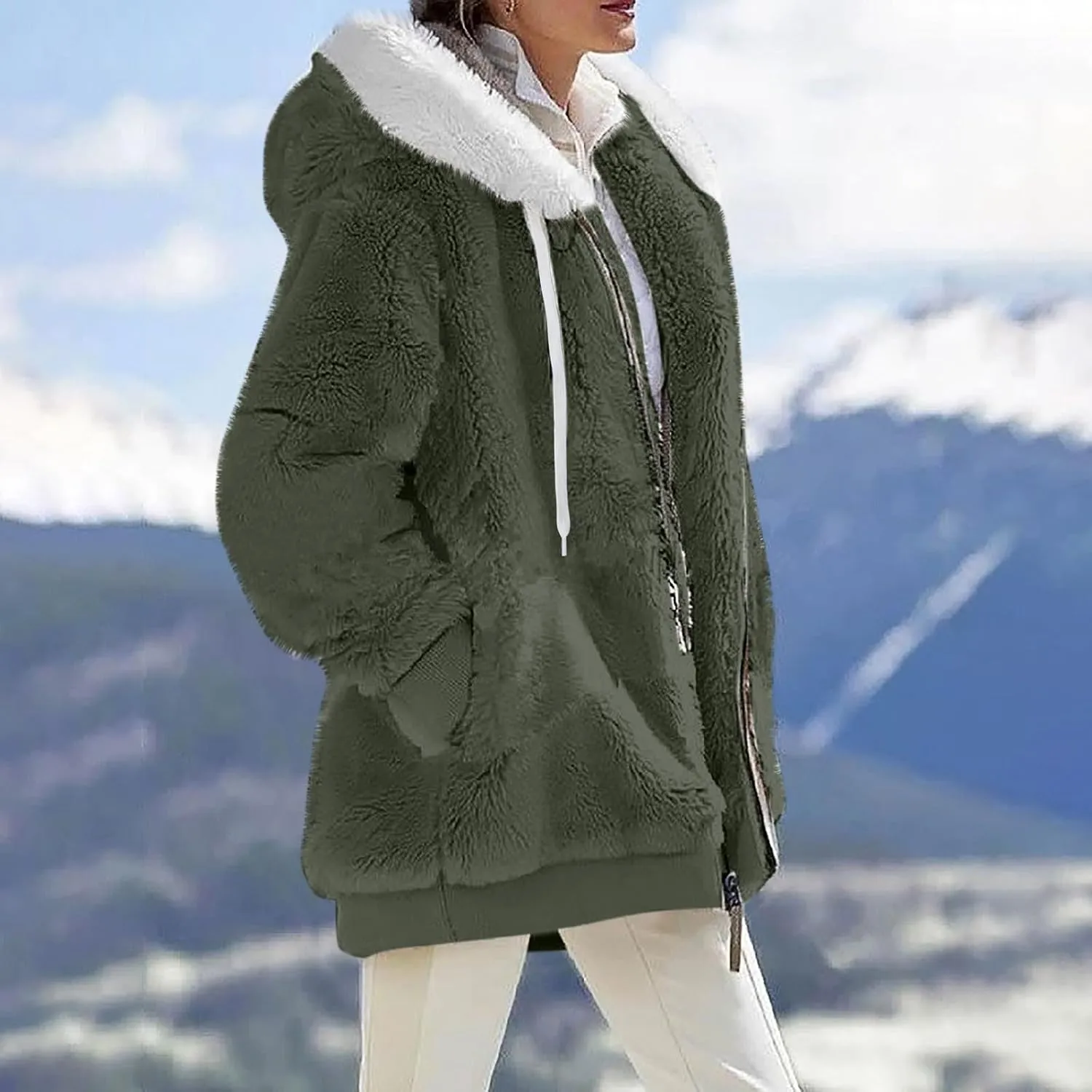 HXHYQKP Womens Fleece Zip Up Jacket Winter Coats Plus Size Jacket Hoodies Plush Warm Fuzzy Coat with Pockets