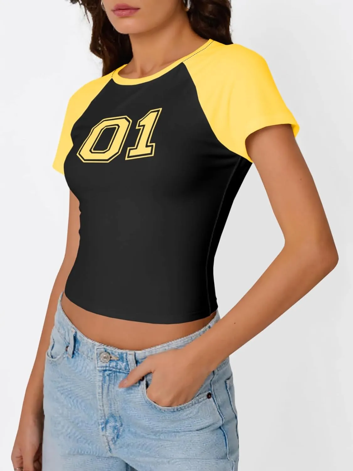 Imily Bela Womens Graphic T Shirt Y2k Baby Tees Summer Letter Print Casual Short Sleeve Slim Fit Crop Tops