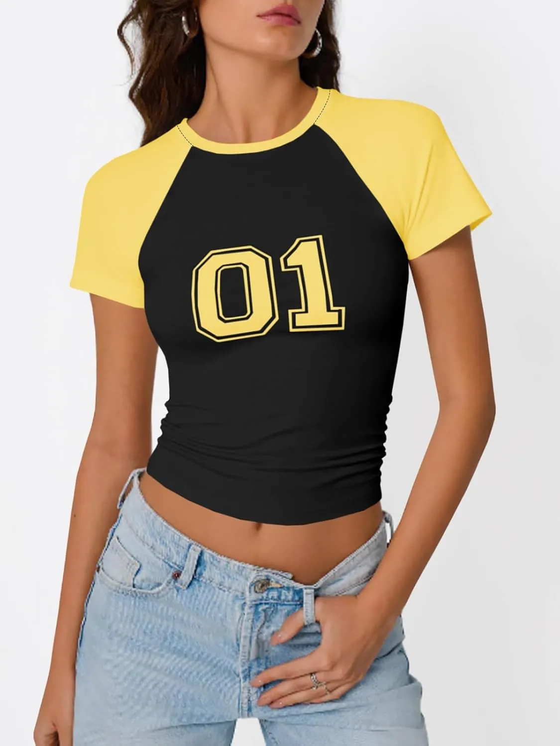 Imily Bela Womens Graphic T Shirt Y2k Baby Tees Summer Letter Print Casual Short Sleeve Slim Fit Crop Tops