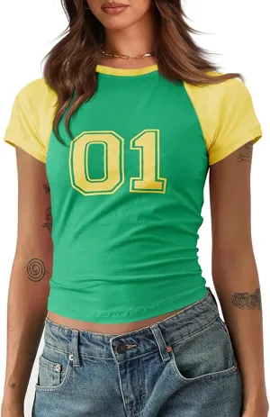Imily Bela Womens Graphic T Shirt Y2k Baby Tees Summer Letter Print Casual Short Sleeve Slim Fit Crop Tops