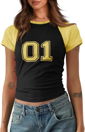 Imily Bela Womens Graphic T Shirt Y2k Baby Tees Summer Letter Print Casual Short Sleeve Slim Fit Crop Tops