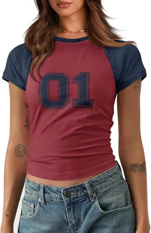 Imily Bela Womens Graphic T Shirt Y2k Baby Tees Summer Letter Print Casual Short Sleeve Slim Fit Crop Tops