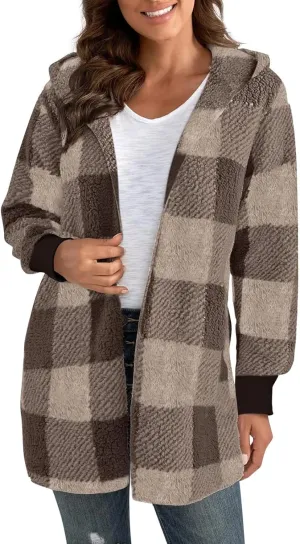 Jacket Women Fuzzy Fleece Oversized Open Front Hooded Cardigan Warm Fluffy Sweaters Winter Coats with Pockets