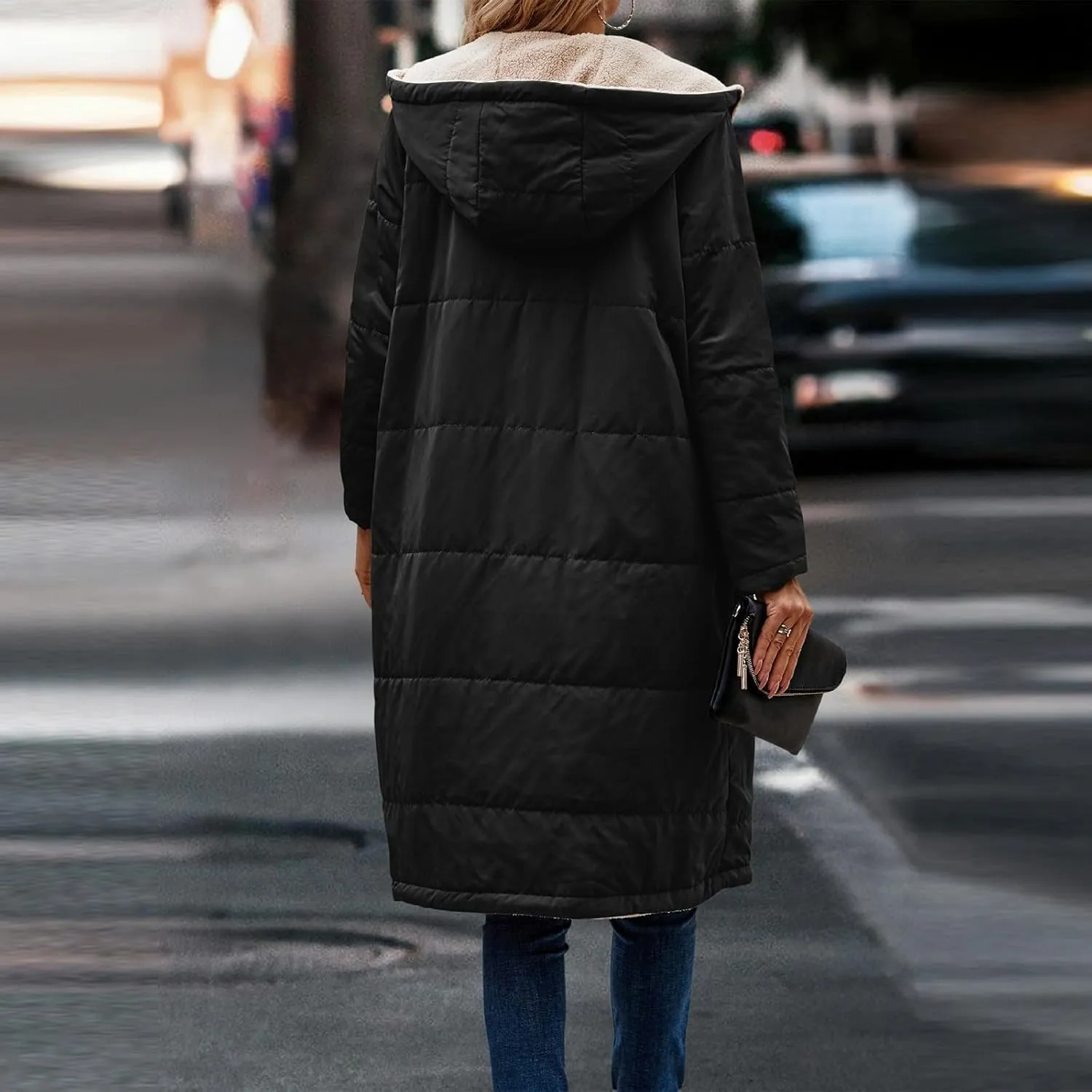 Jackets for Women Fashion Reversible Puffer Coats Oversized Sherpa Fleece Zip Hoodie Winter Warm Coat with Pockets