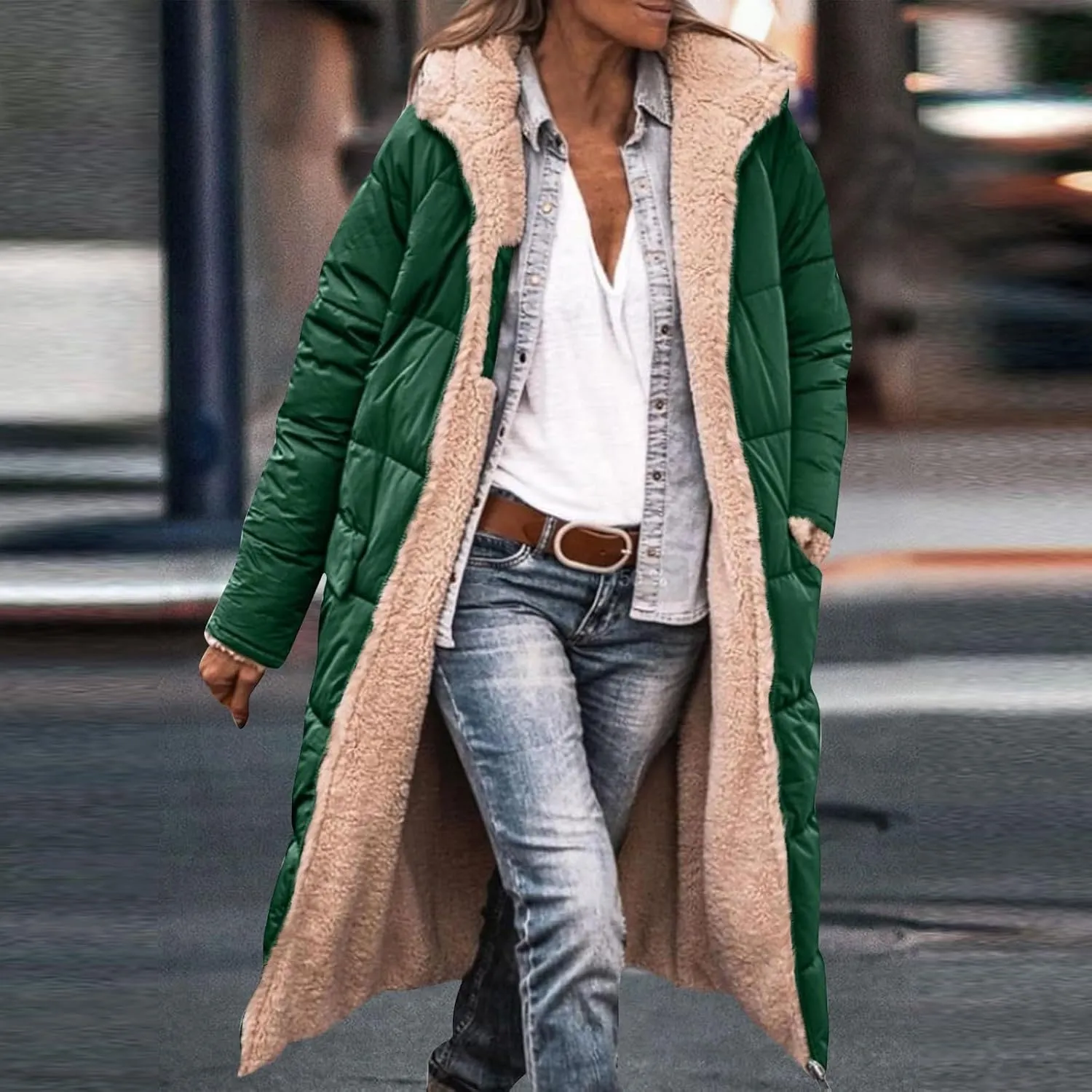 Jackets for Women Fashion Reversible Puffer Coats Oversized Sherpa Fleece Zip Hoodie Winter Warm Coat with Pockets