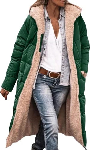 Jackets for Women Fashion Reversible Puffer Coats Oversized Sherpa Fleece Zip Hoodie Winter Warm Coat with Pockets