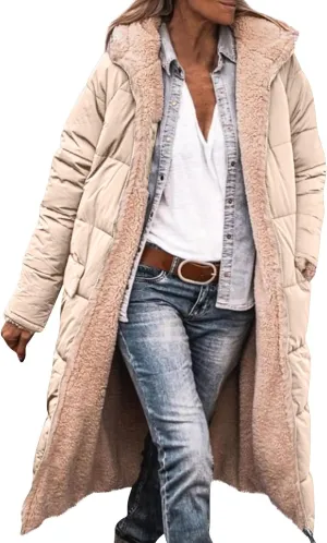 Jackets for Women Fashion Reversible Puffer Coats Oversized Sherpa Fleece Zip Hoodie Winter Warm Coat with Pockets