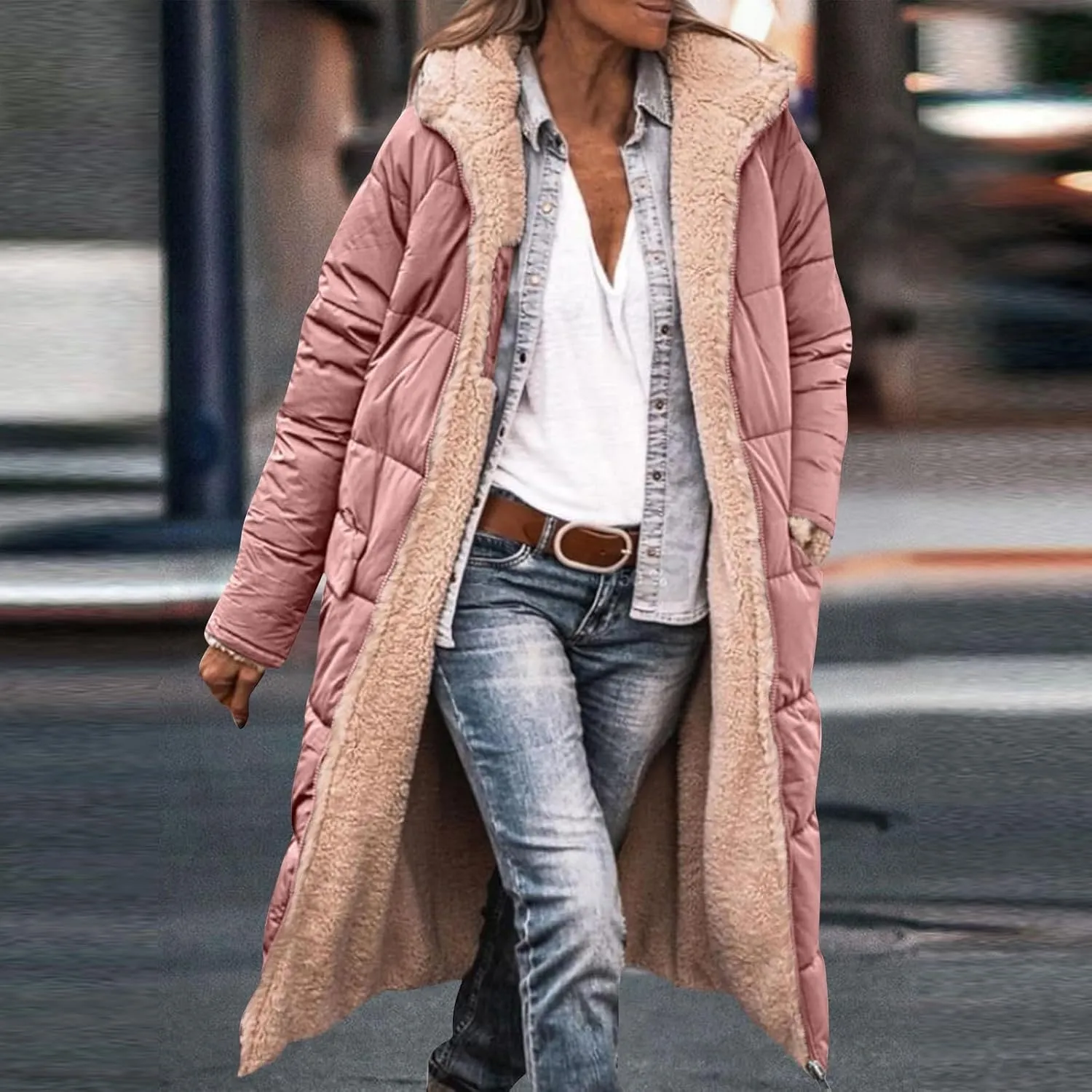 Jackets for Women Fashion Reversible Puffer Coats Oversized Sherpa Fleece Zip Hoodie Winter Warm Coat with Pockets